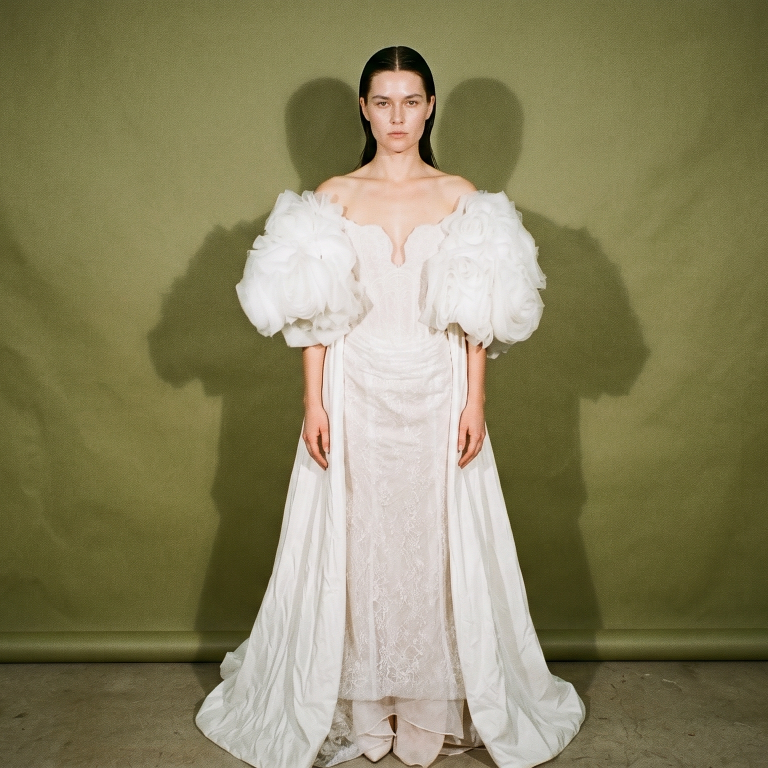 Rob Ortega Deep Plunge Neckline Beaded Puff Sleeves with Floral Lace