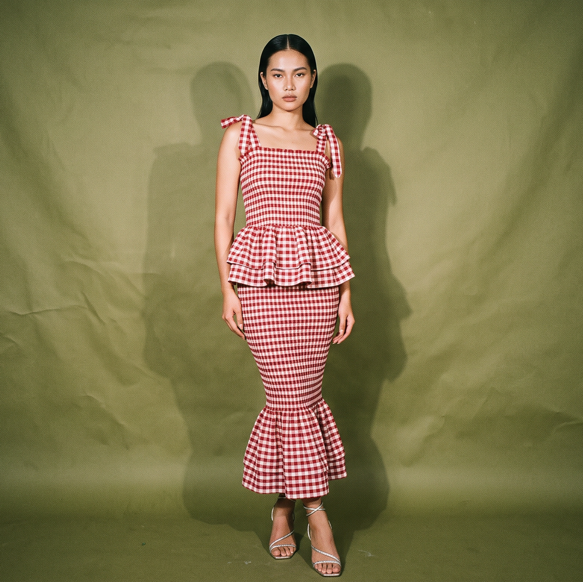 Yong Studio Red and White Peplum Top Fitted Ruched Body Ruffled Mermaid style