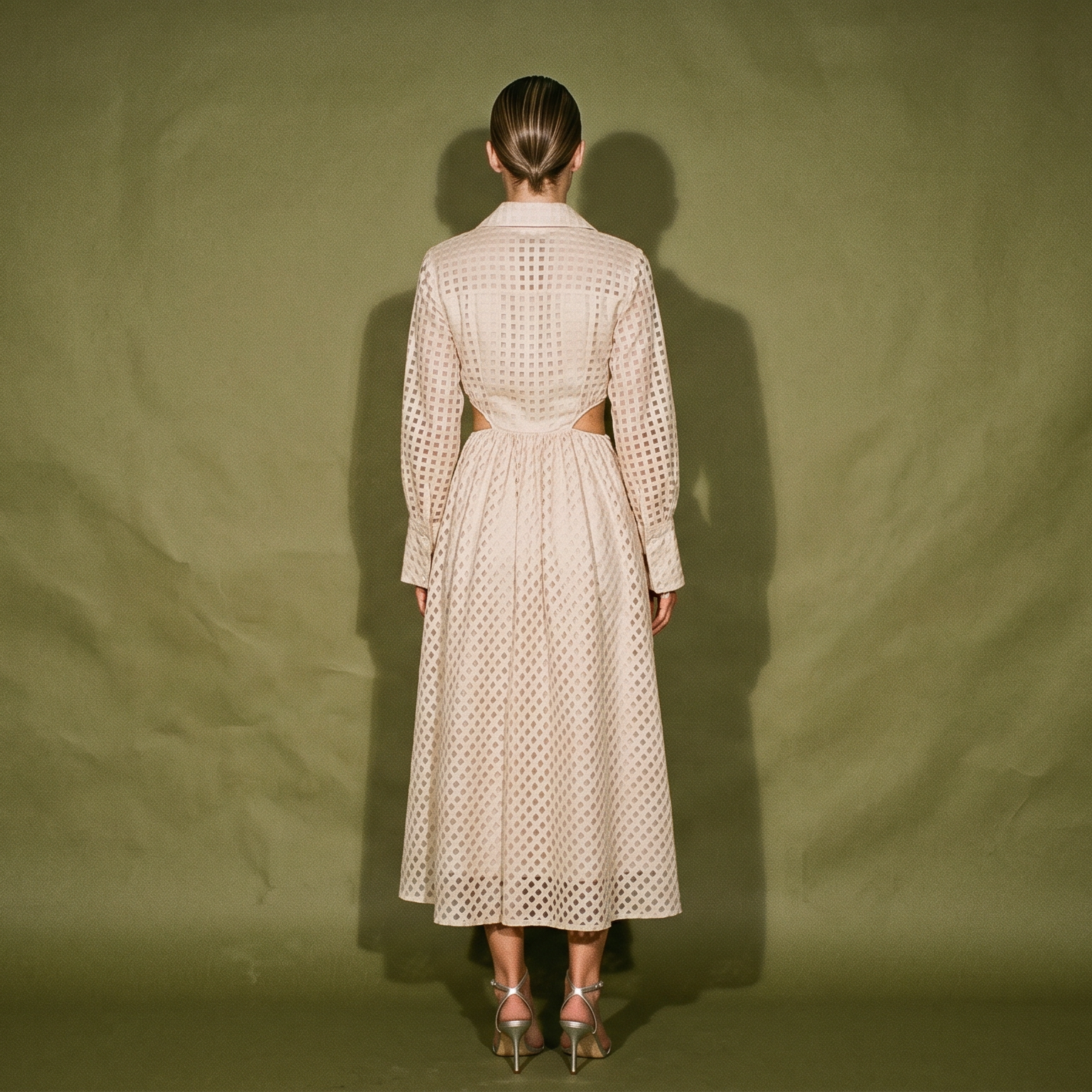 Jonathan Simkhai Cream Dress Collared Neckline Long Sleeve Fitted Waist Full Skirt Cut Out