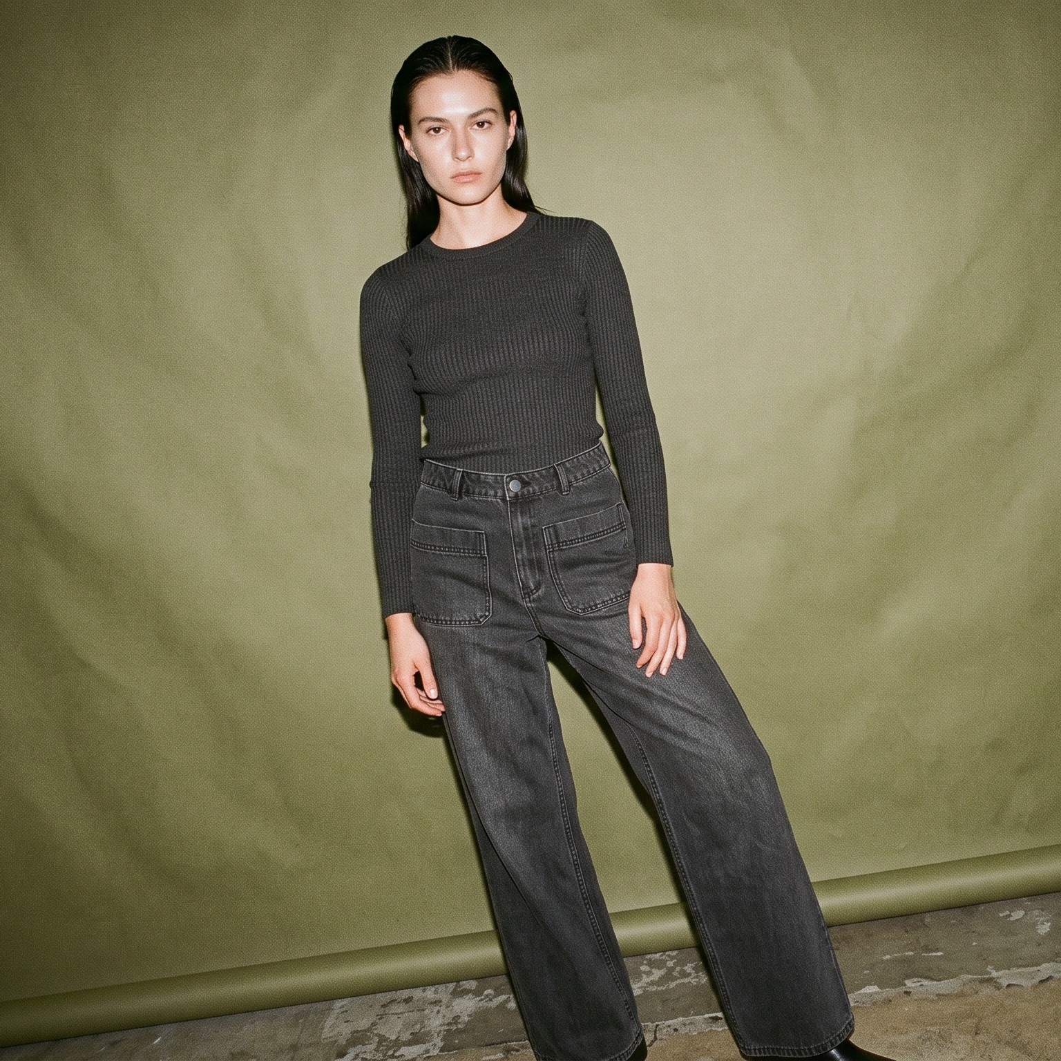 Amuse Black Washed Highwaisted Wide Leg Jeans with Patch Pocket