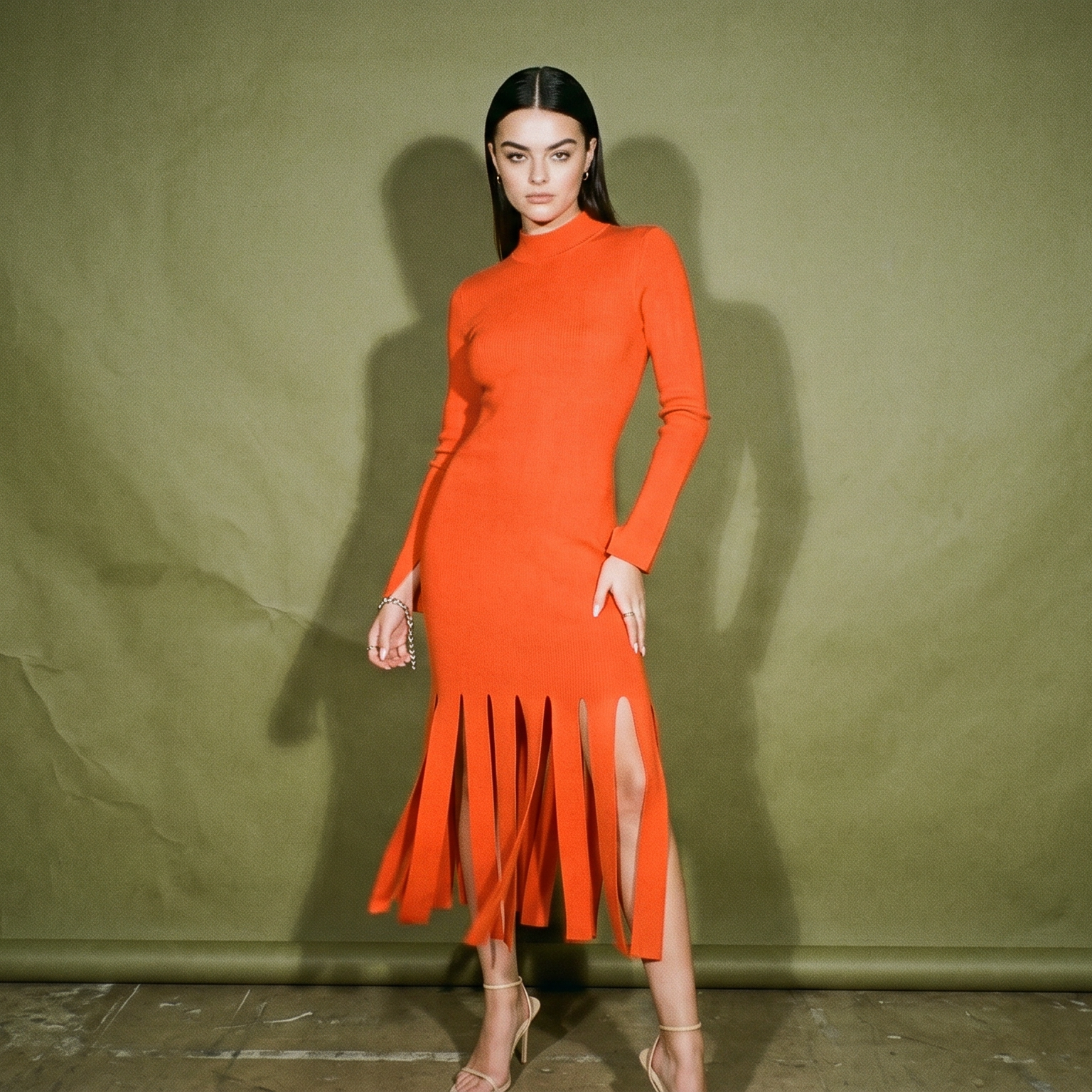 Red Orange Long Sleeve Dress with Fringe