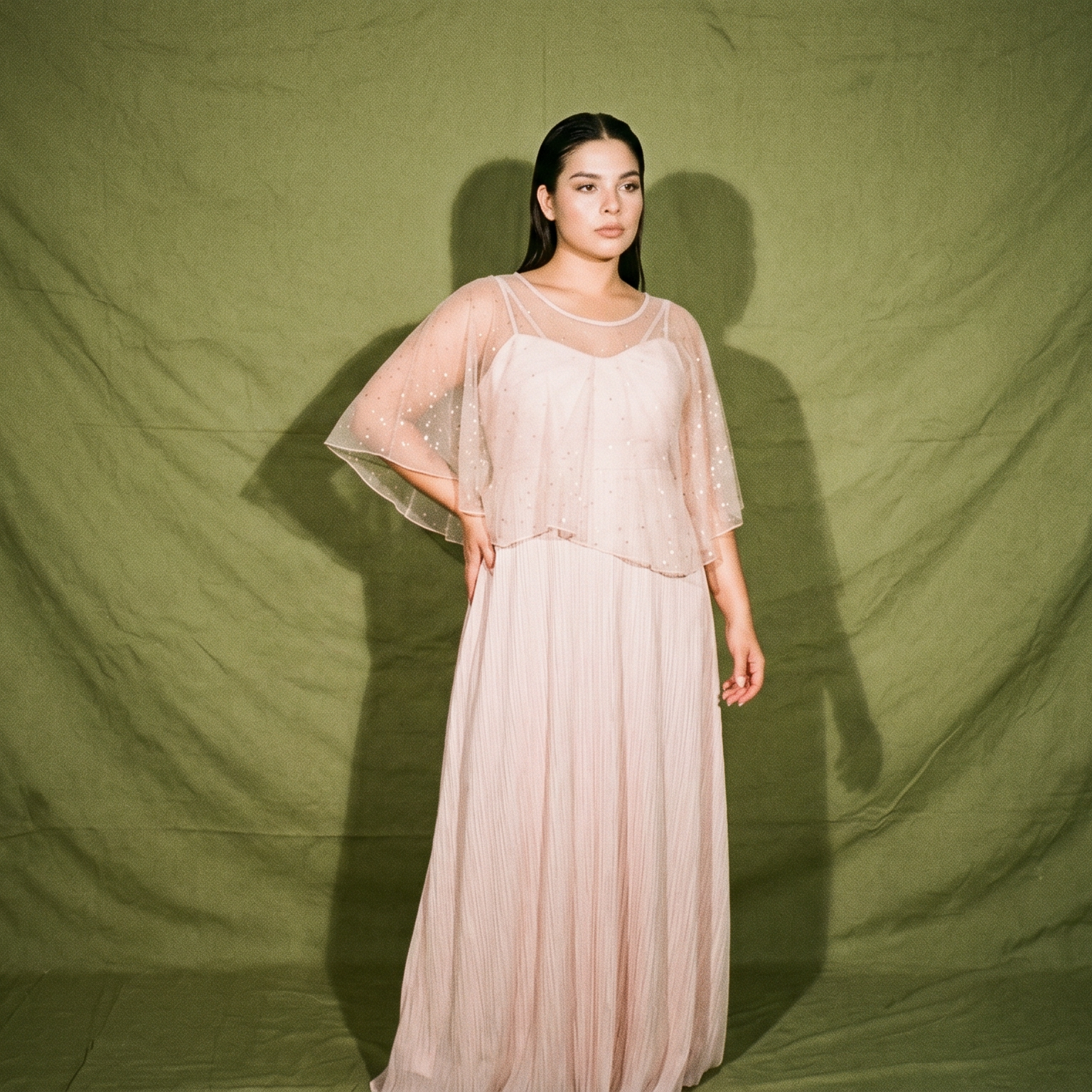 Sassa Jimenez Sheer Chiffon Cape Overlay with Delicate Beading