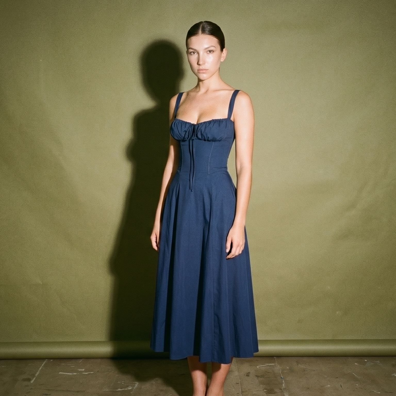 House of Cb Navy Blue Square Neck Low Cut Sleeveless Dress with Corset Style