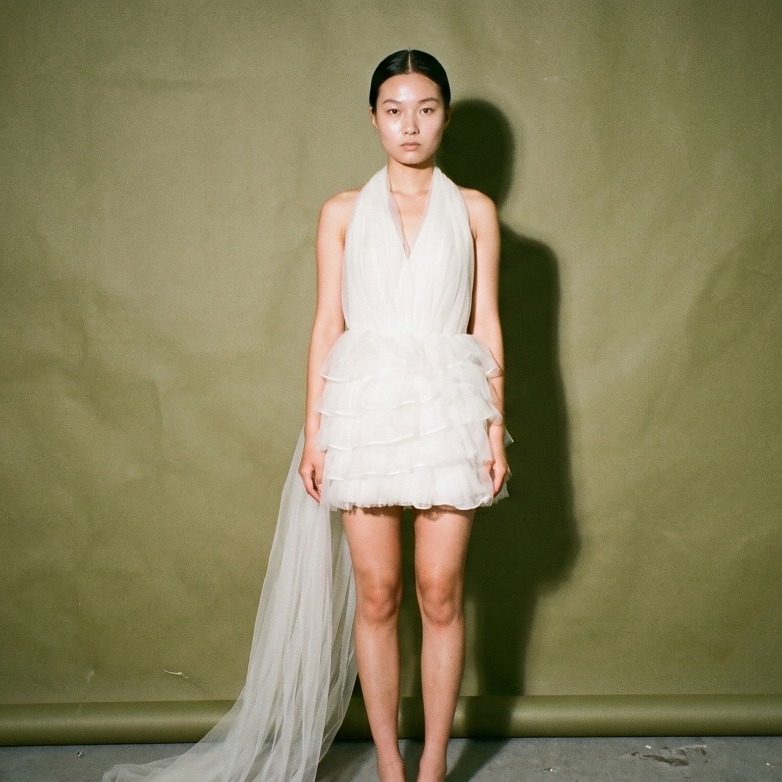 Rotacion Halter Deep Vneck Tiered Tulle Skirt with an Asmmetrical Hem