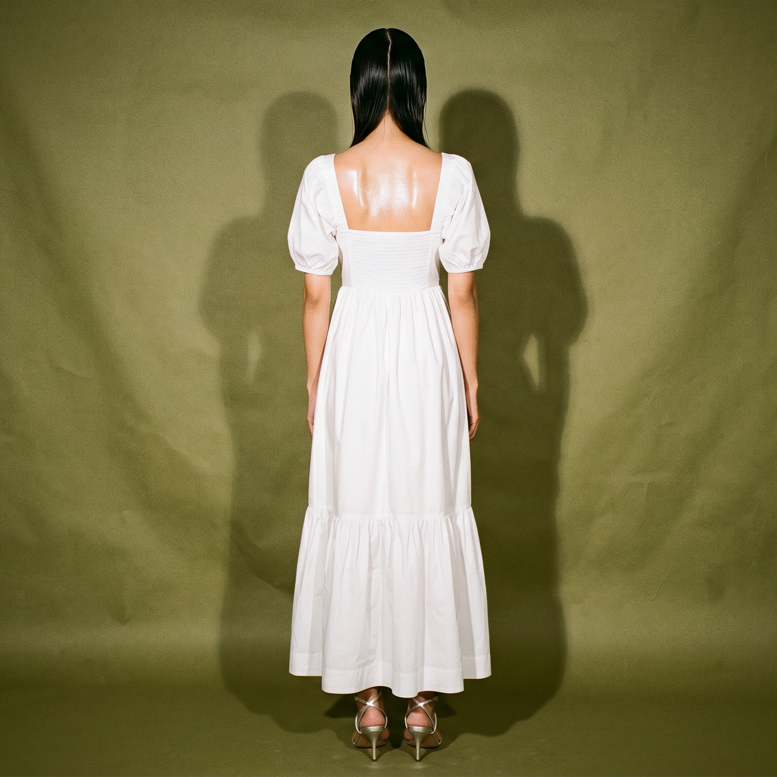 White Linen Puff Sleeve with Top Ruched Design