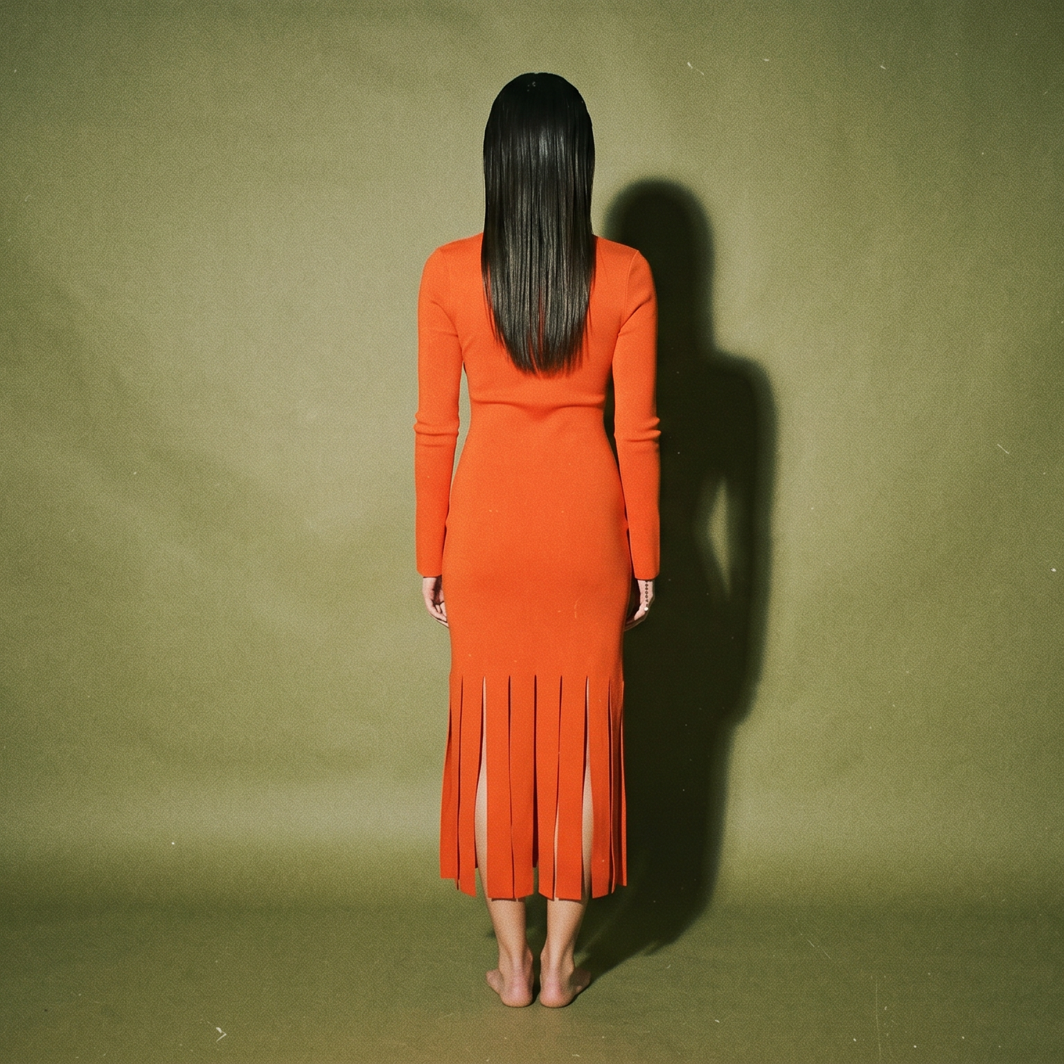 Red Orange Long Sleeve Dress with Fringe