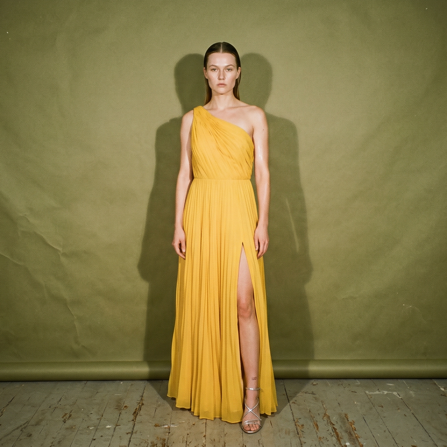 Rotacion One Shoulder and Pleated Skirt with a High Slit
