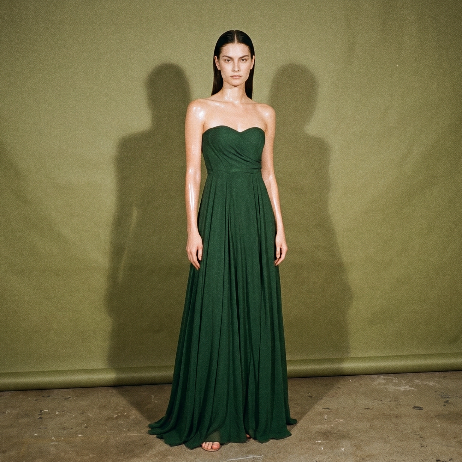 Tantease Green A-Line Dress Crafted From Soft Chiffon Ruched Bodice