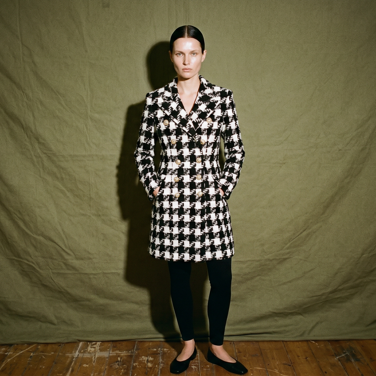 Zara Houndstooth Tweed long Coat Black and White Pattern Gold Tone Button