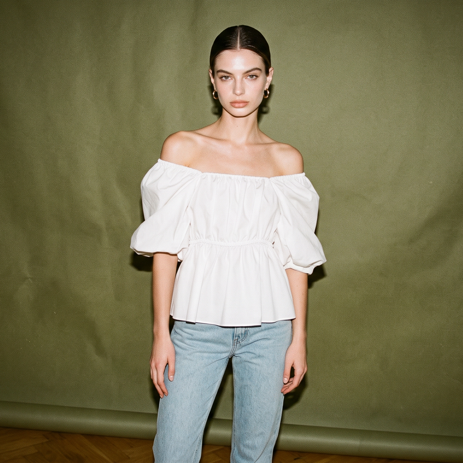 Vania Romoff White Off Shoulder Blouse with Puff Sleeves