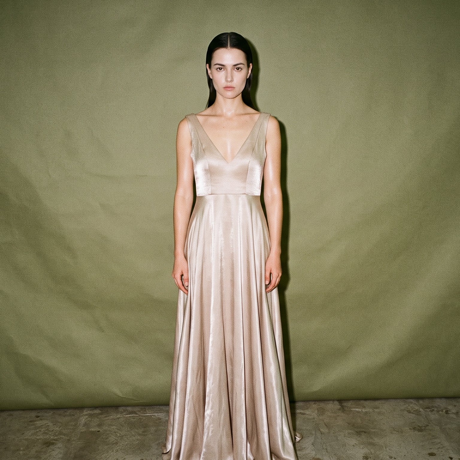 Caca Champagne V Neck Satin Maxi Dress