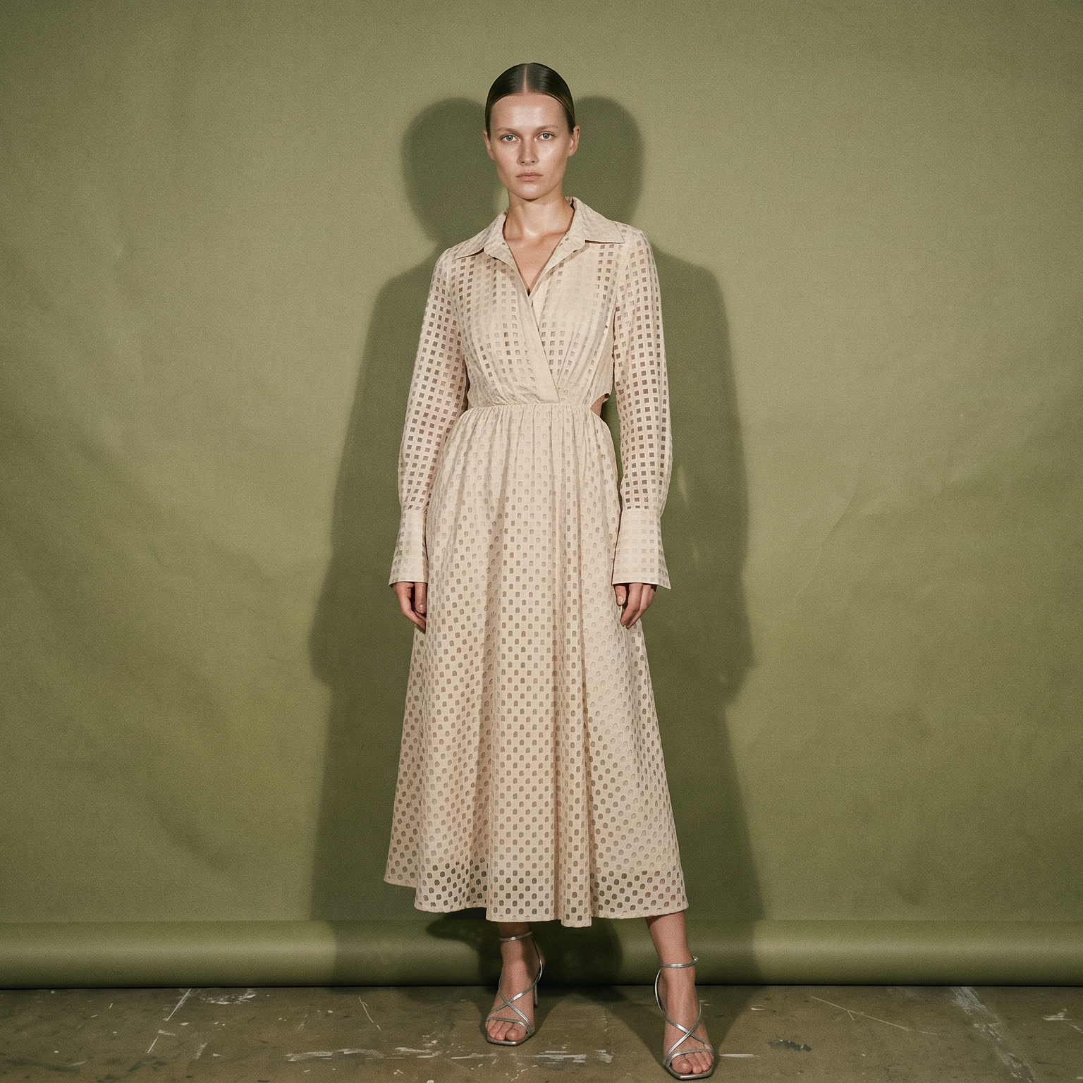 Jonathan Simkhai Cream Dress Collared Neckline Long Sleeve Fitted Waist Full Skirt Cut Out