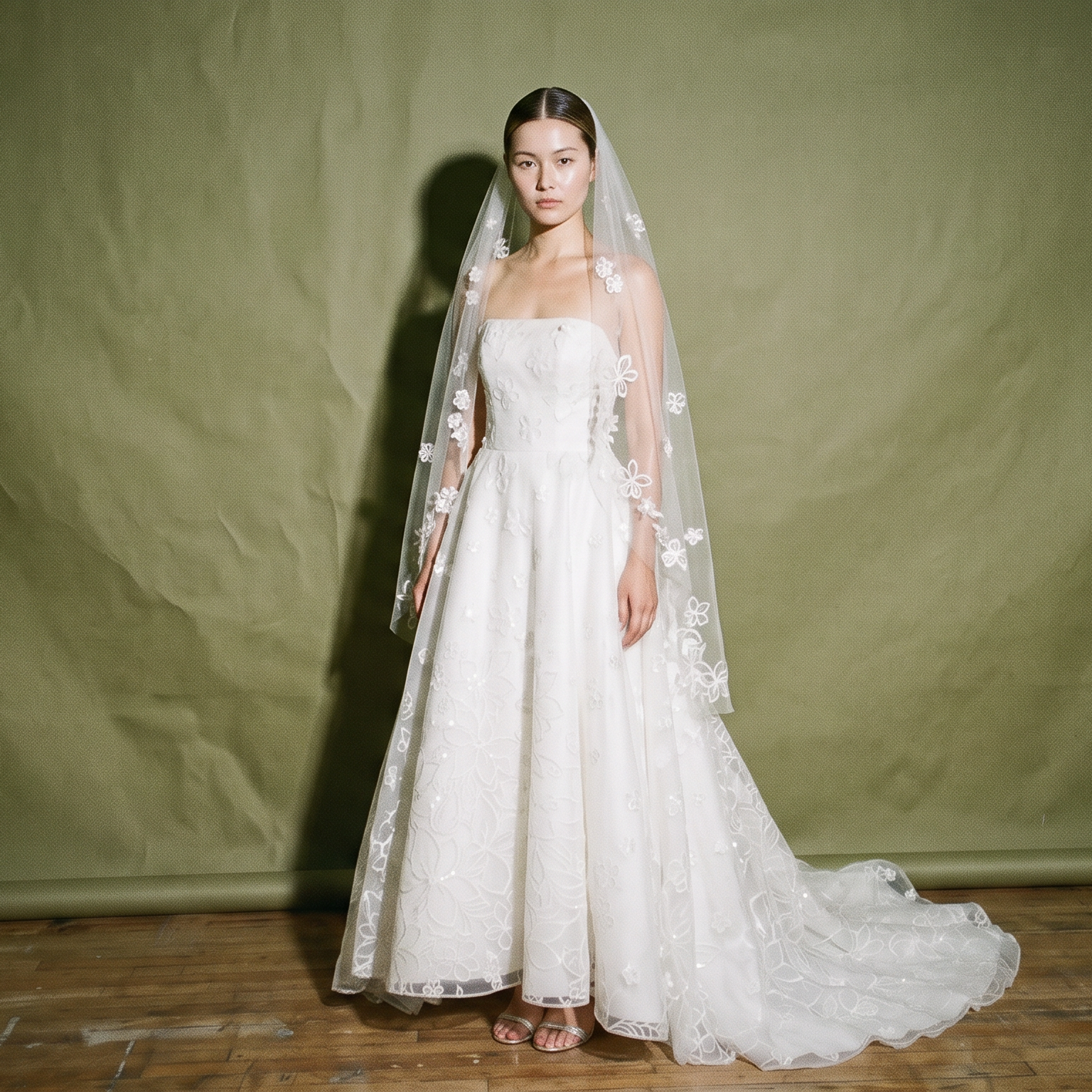 Mel Olrina Tube White Wedding Gown Long Sheer Veil Adorned Floral
