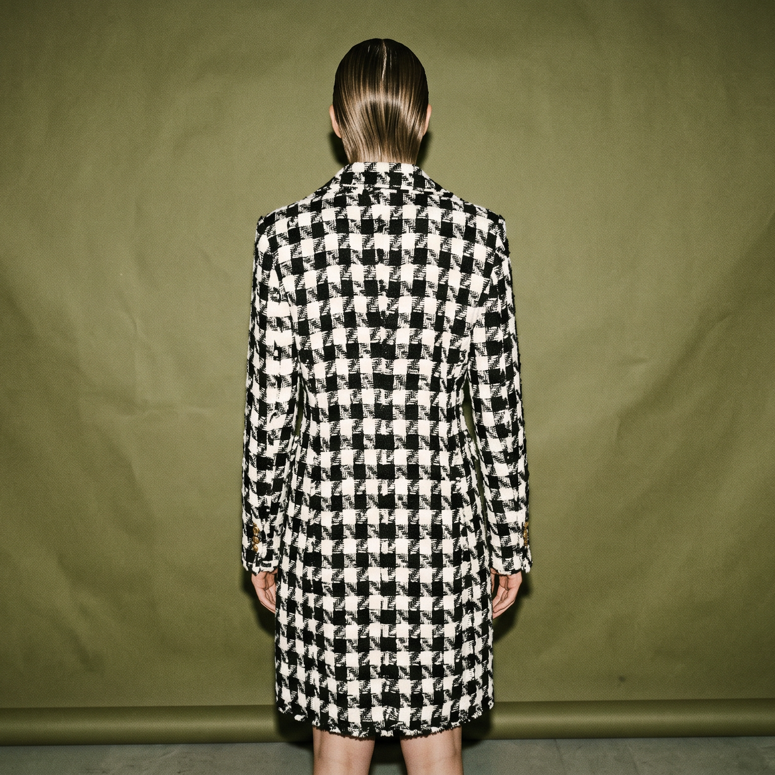 Zara Houndstooth Tweed long Coat Black and White Pattern Gold Tone Button