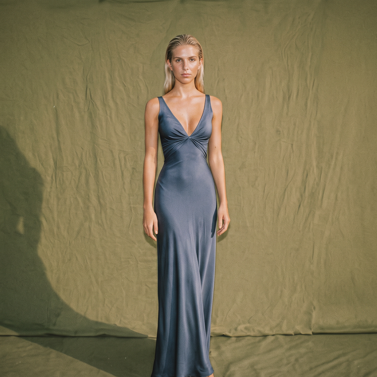 Midnight Blue V Silk Dress