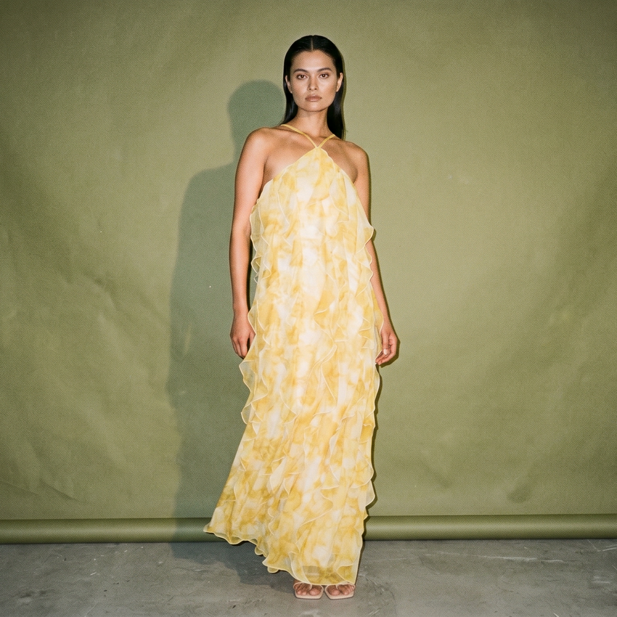 NA-KD Chiffon Ruffle Maxi Dress with Vibrant Yellow Floral