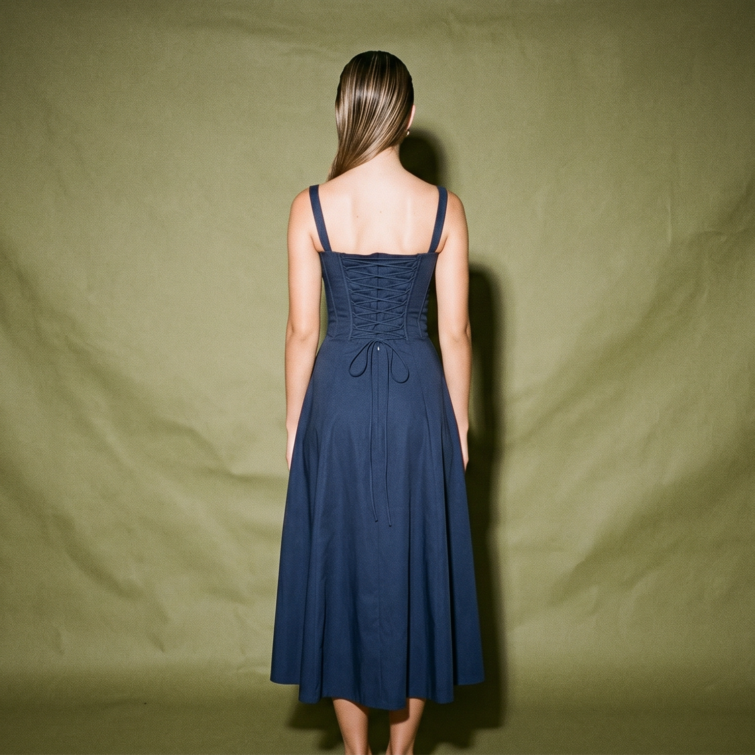 House of Cb Navy Blue Square Neck Low Cut Sleeveless Dress with Corset Style