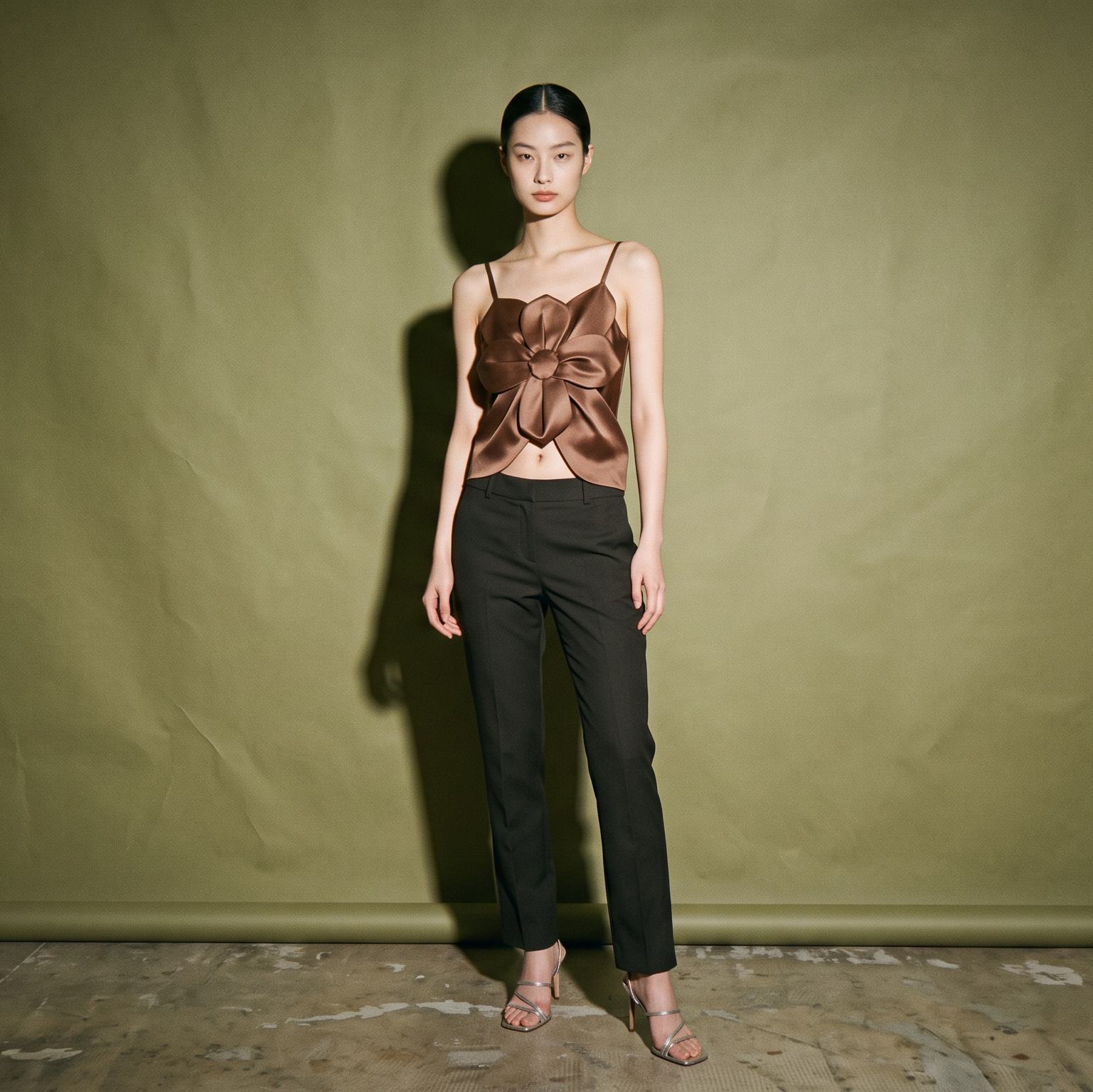 Patty Ang Brown Satin Top with a Large Flower Detail on the Front Sleeveless