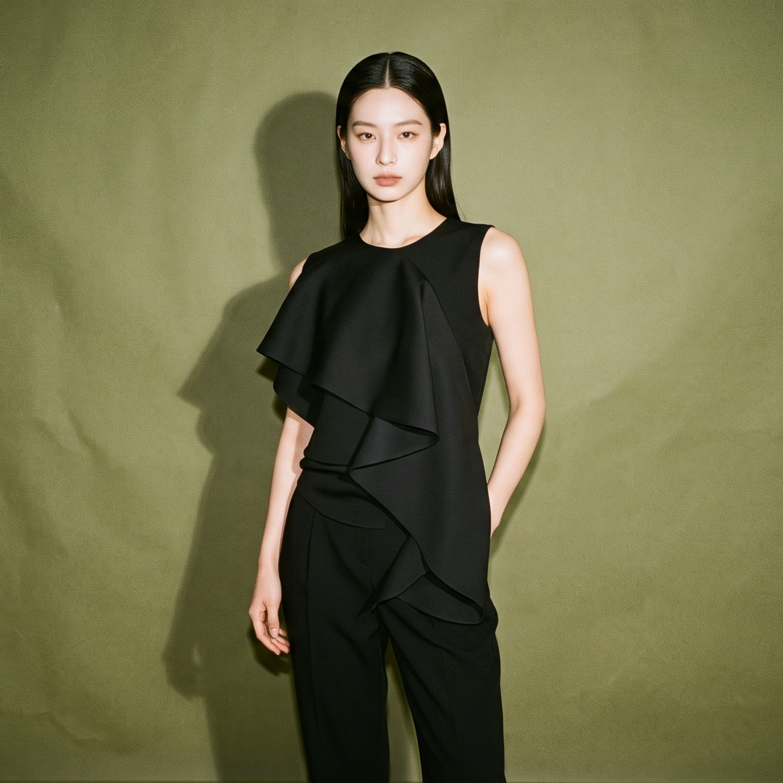 Rotacion Black Sleeveless Top with Asymmetrical Ruffle