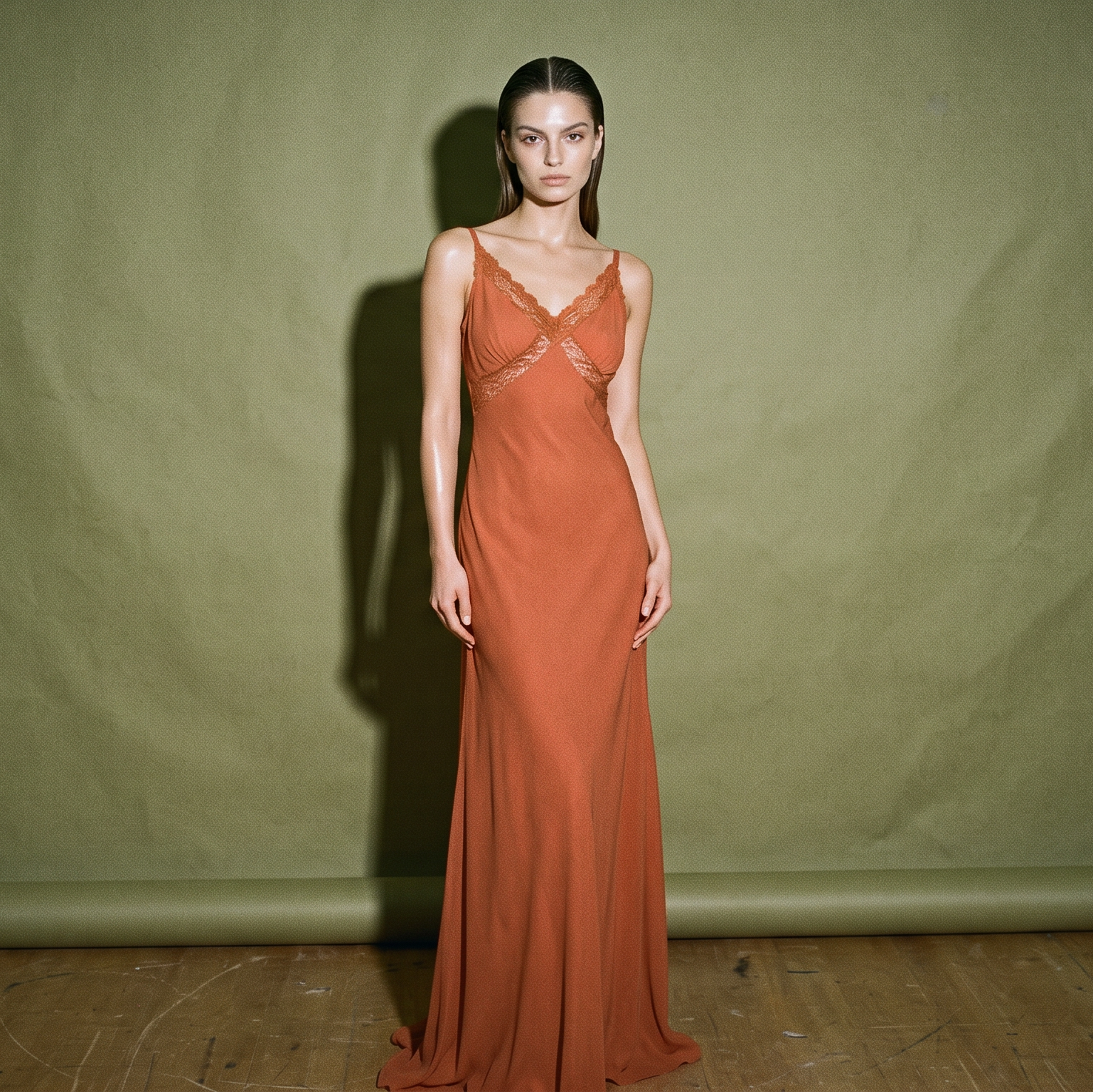Studio Long Dress Orange Silk Cut Out at the Back Lace