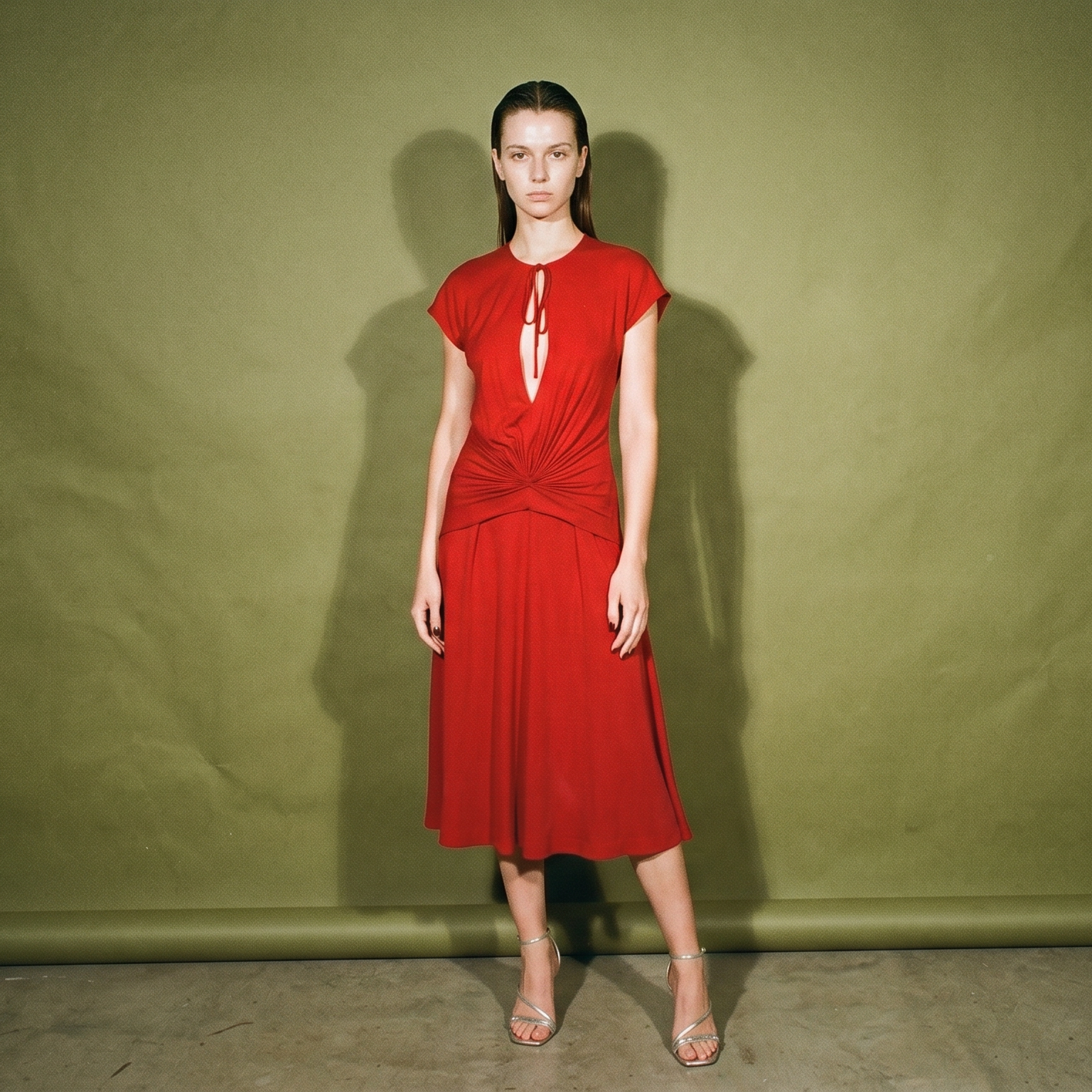 Diane Red Short Sleeve Front Ruching Flowy Cinched Waist Detail