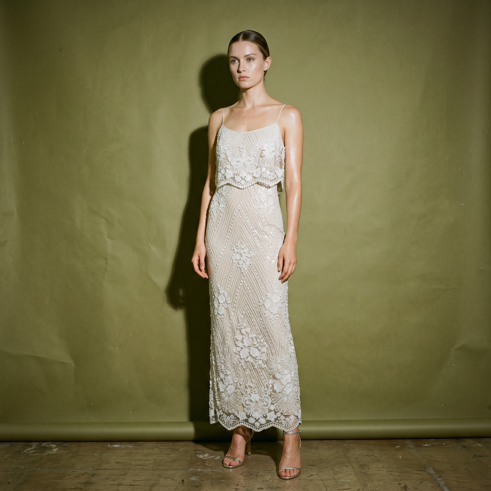 Adrianna Papell Scoop Neckline Thin Straps Floral with Sequins Hand Sewn Glitter Zipper Back