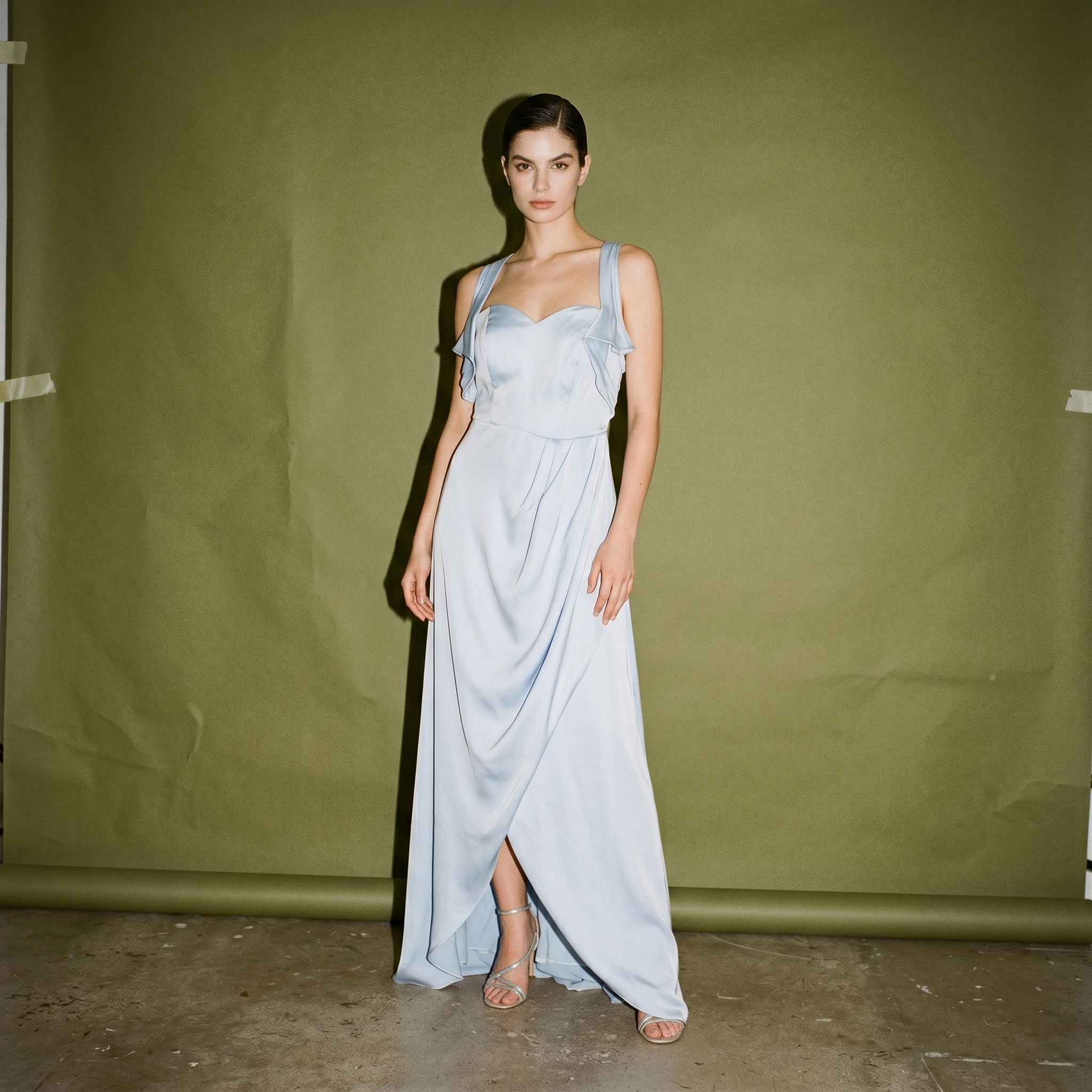 Al Pastel Blue Gown Broaad Shoulder Straps with Slightly Rouched Skirt Pleats