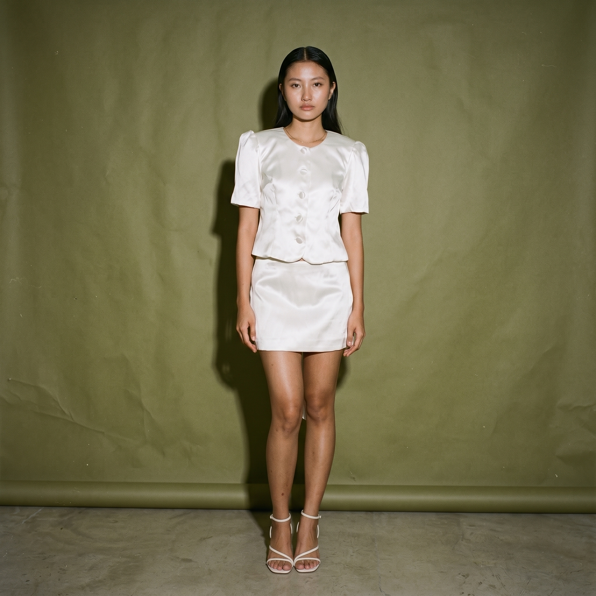 Anya & Camille Short Sleeve Blouse Boxy Silhouette Cover Buttons Mini Skirt