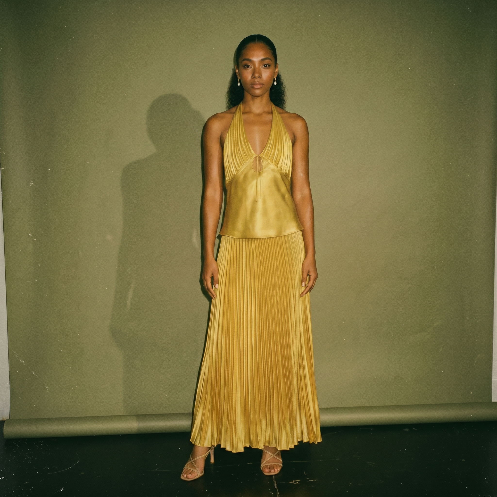 Apogee Gold Silk Pleated Top and Matching Skirt