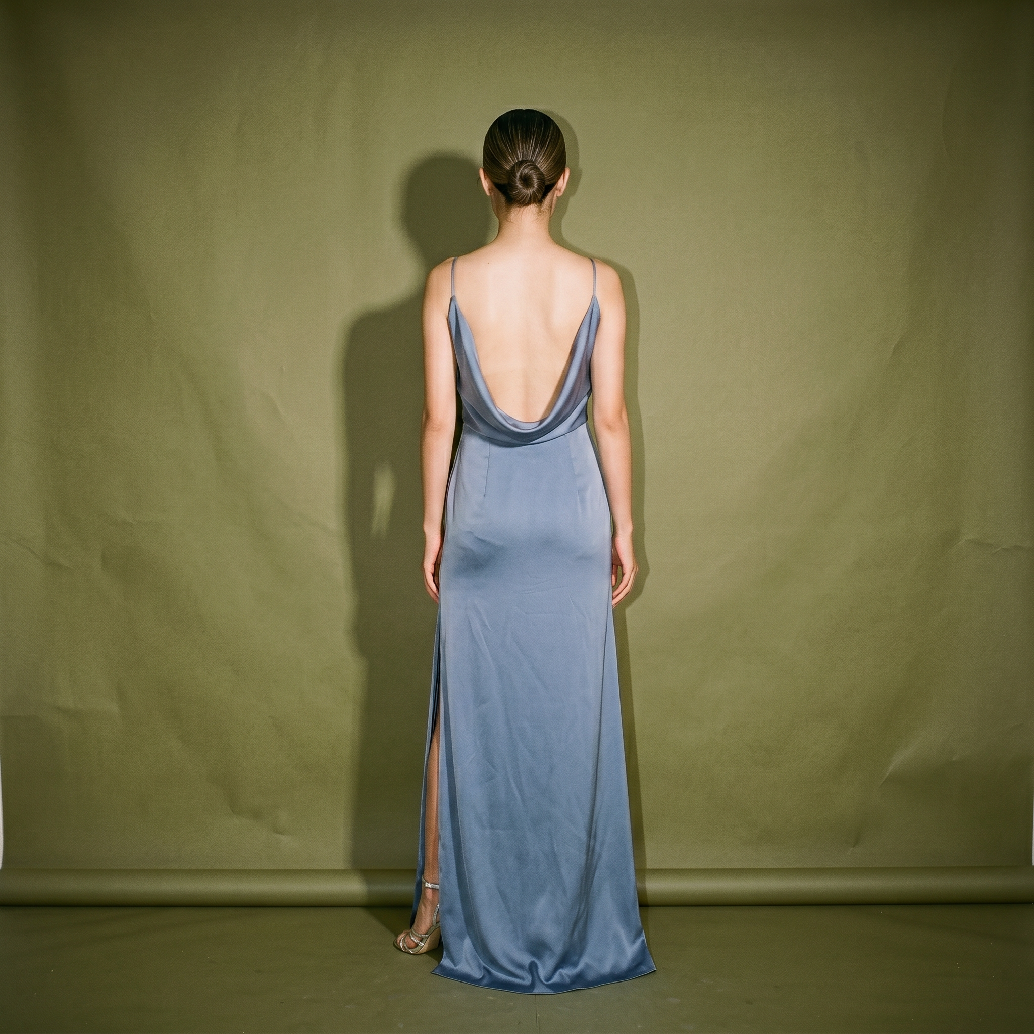 Sky Castle Dust Blue Satin Sleeveless High Slits