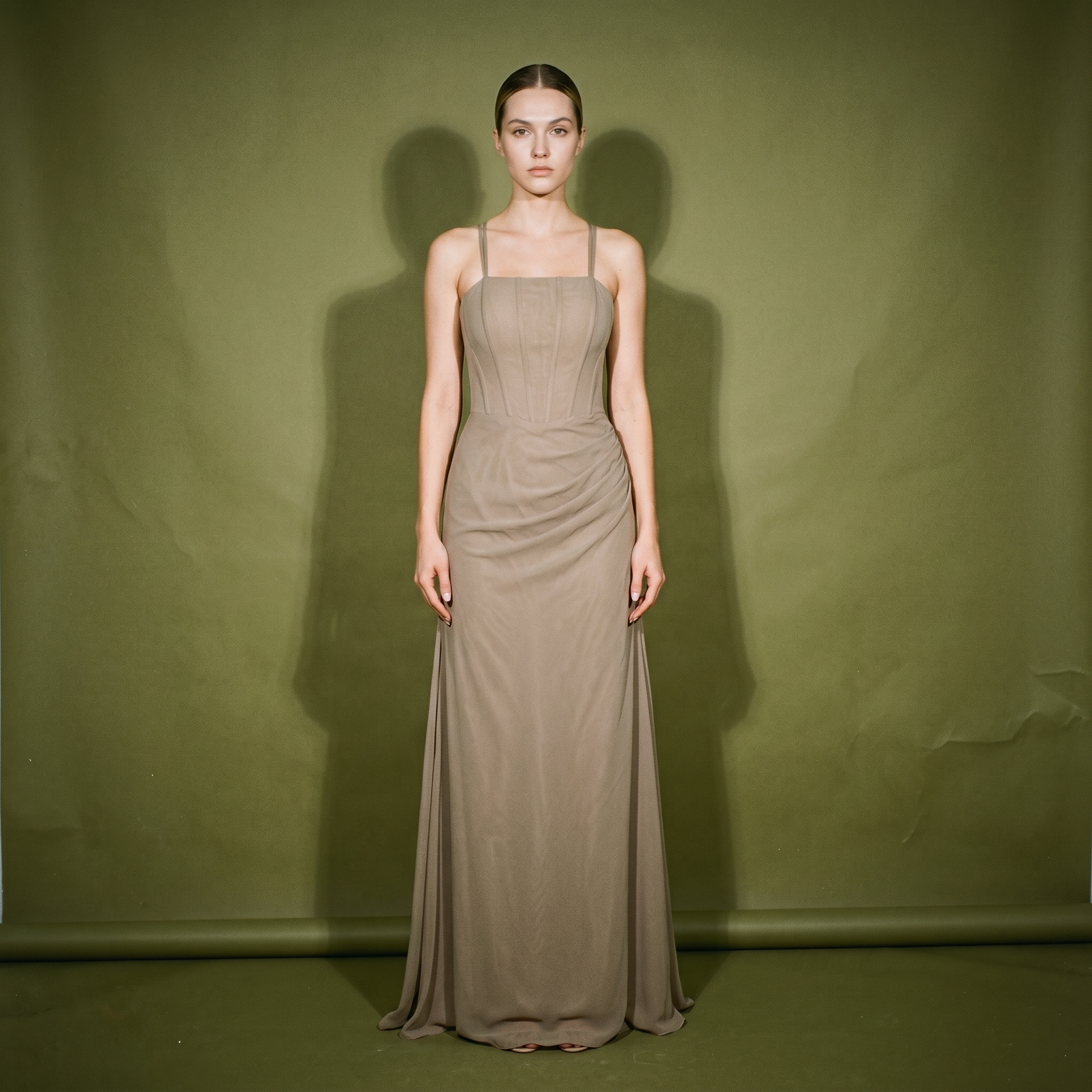 Bari Jay Taupe Pleated Formal Dress