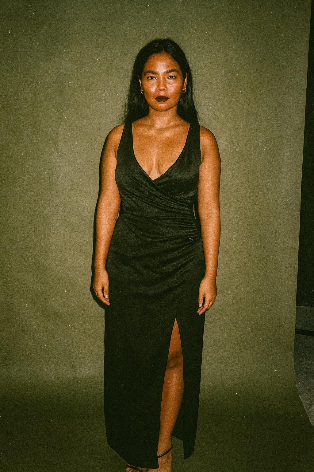 Chancery Long Dress Black V Neck Silky Shiny Look Zipper at the Back Sleeveless