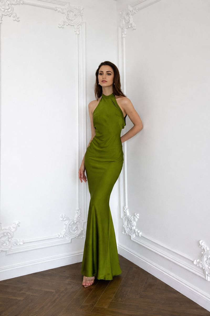 Kisserine Halter Neckline Fitted Bodice That Accentuates Waist and Hips Silk