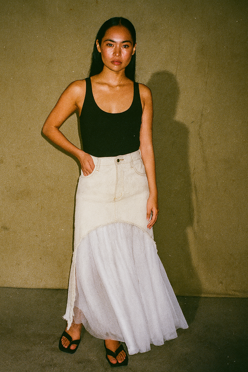 Gentle Woman Biege Denim Long Skirt with Mesh Design
