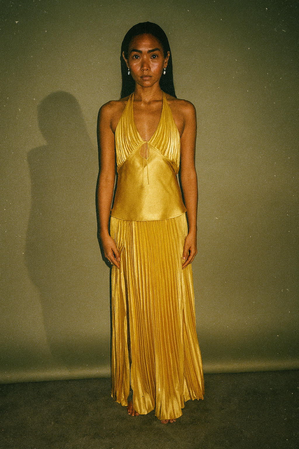 Apogee Coor Golden Yellow Satin Halter Croptop Pleated Maxi Skirt