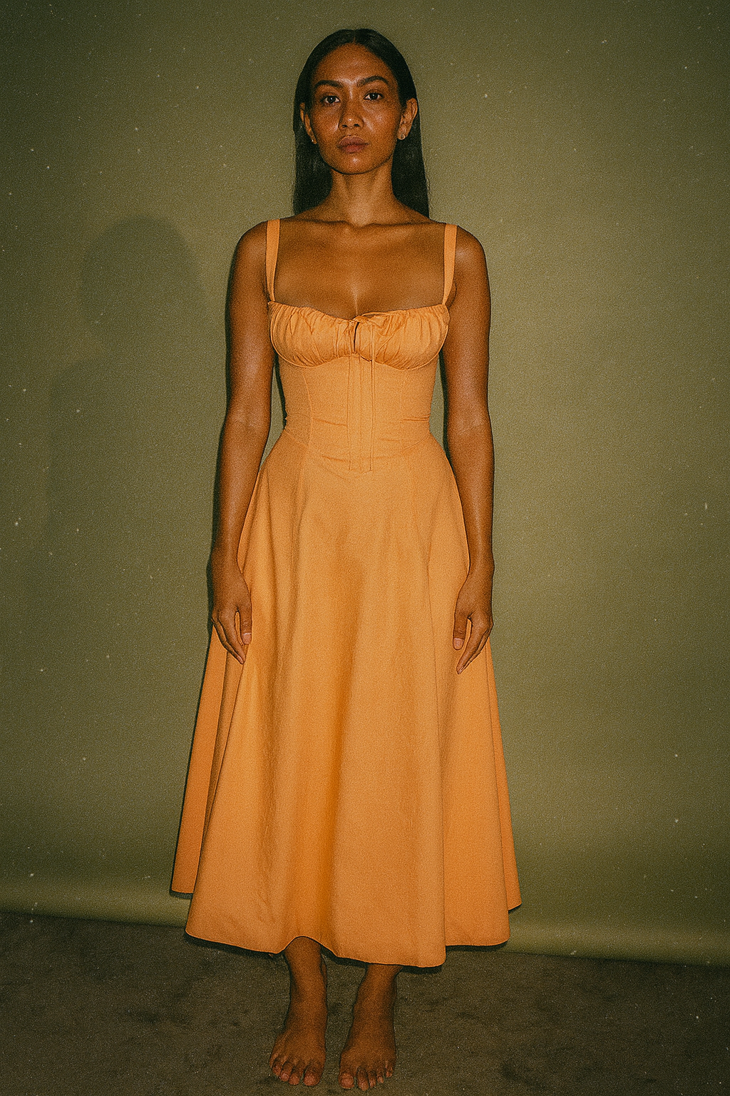 House CB Orange Square Neck Low Cut Sleeveless Dress with Corset Style