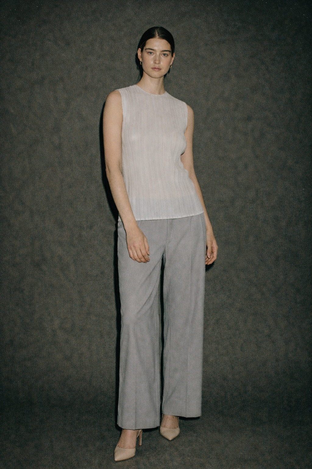 Pleats Please White Shirt Round Neckline Pleated Stretchable