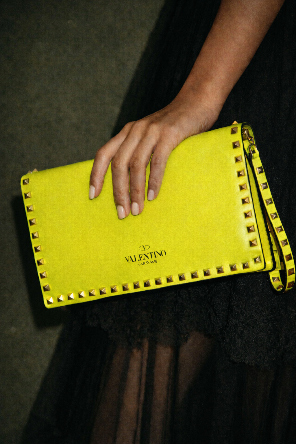 Valentino Garavani Nappa Rockstud Wristlet Clutch Neon Yellow