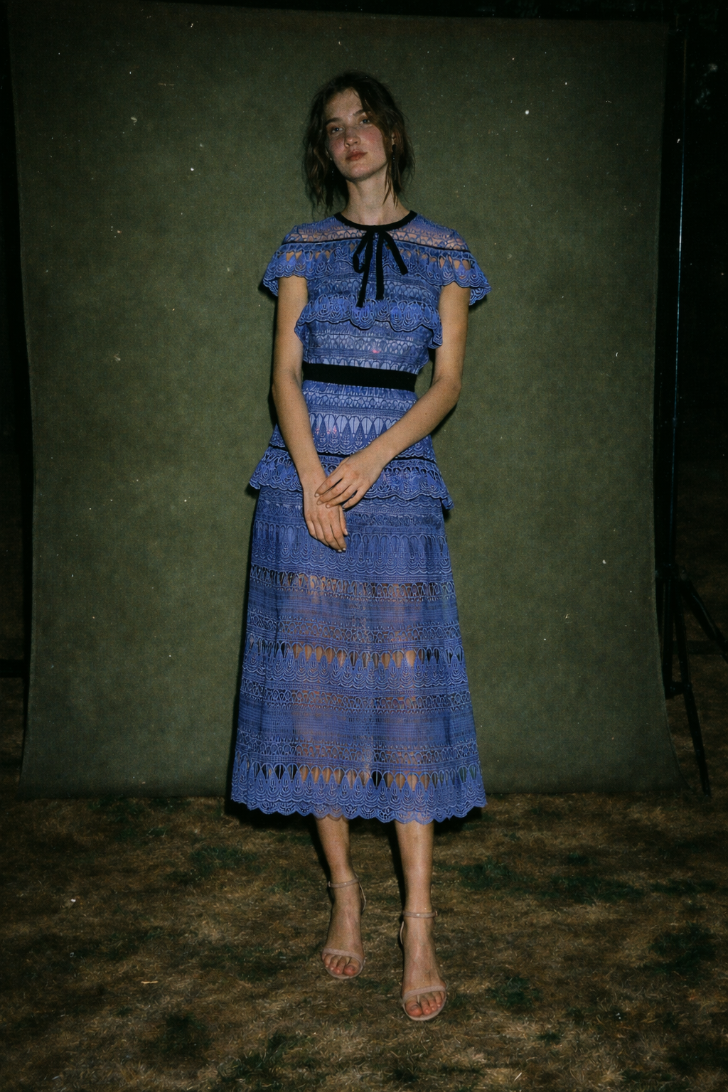 Self Portrait Guipure tiered Pattern Lace Black Velvet Ribbon Tie Waistline Contrasting Black Band