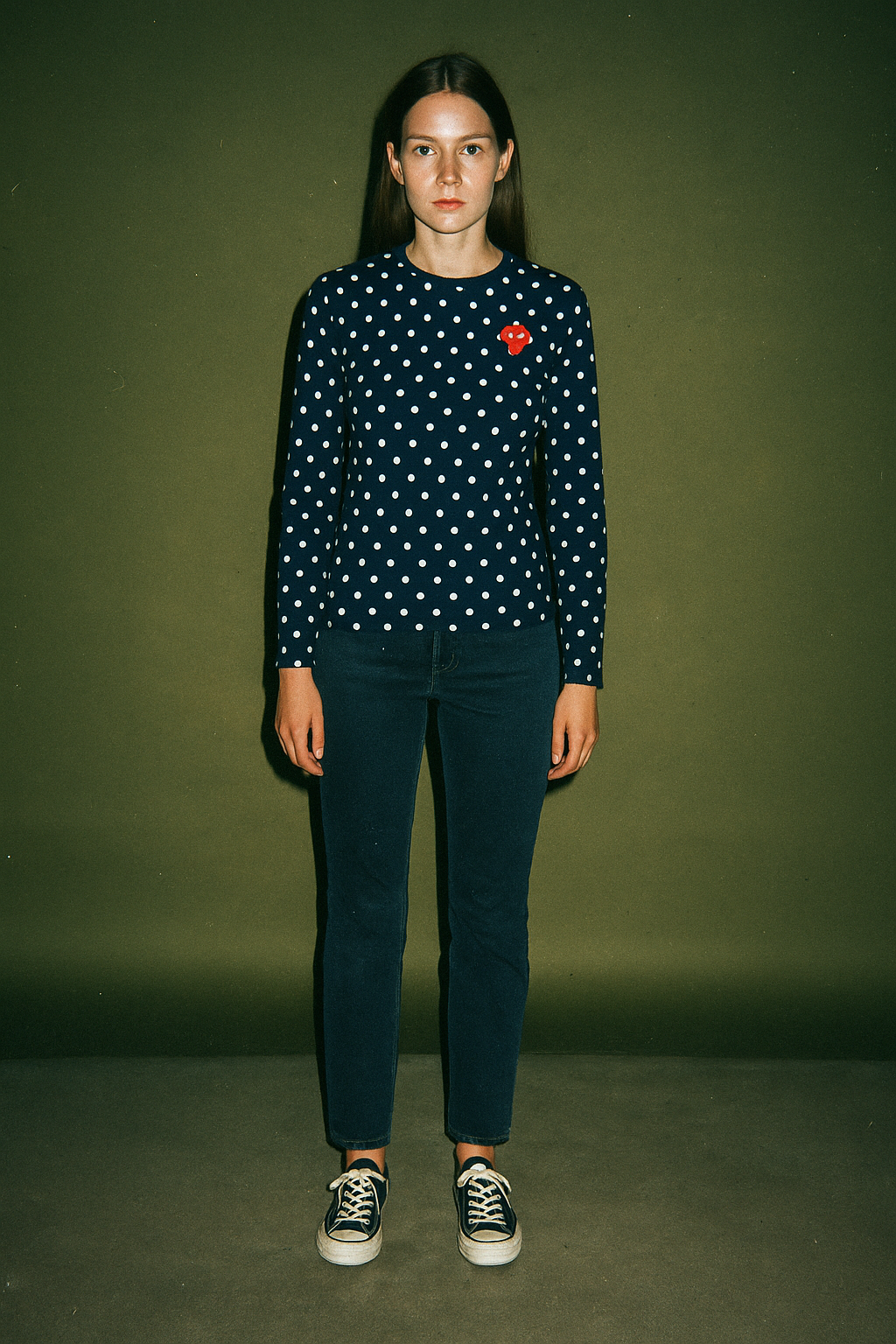 Play Comme Des Garcons Long Sleeve Navy Blue Polka Heart