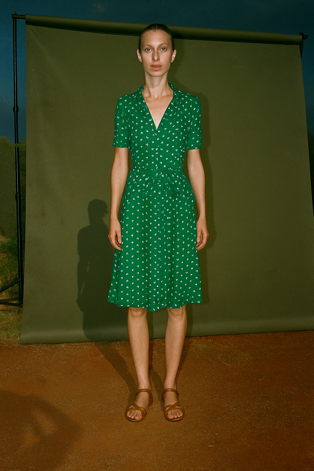 Vicki Wayne Green Polkadot Dress With Collar & Tie Detail