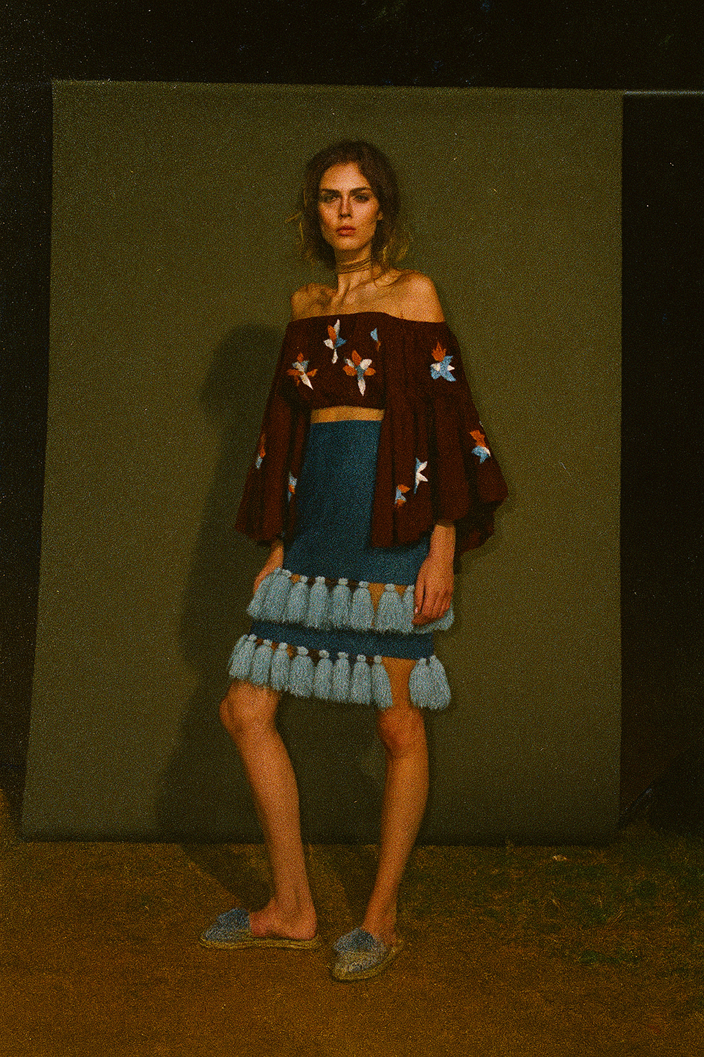 Mochi Brown Off Shoulder Top With Crochet Embroidred Detail