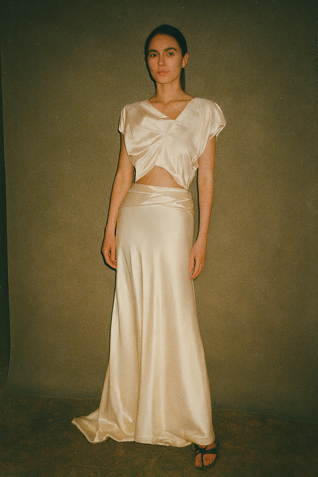 Rotacion Co-Ord Satin Cropped Blouse with Draped Neckline Wide Strap High Waist