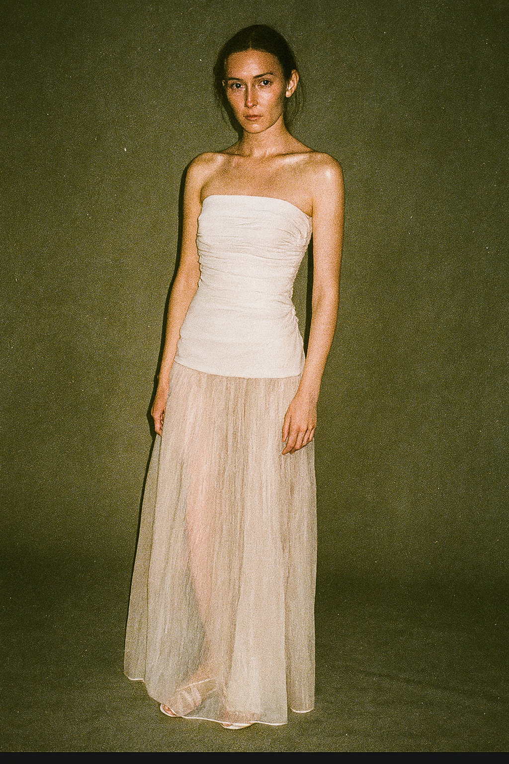 060 Sheer Overlay Maxi Skirt High Waist OrganzaDreamy Layered Look Tube Dress Ruched Crinkle