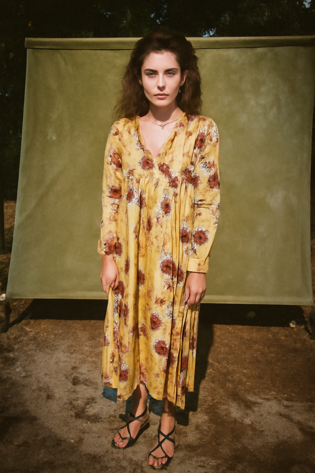 Gimaguas Yellow Floral Long Sleeve Dress With Neck Tie