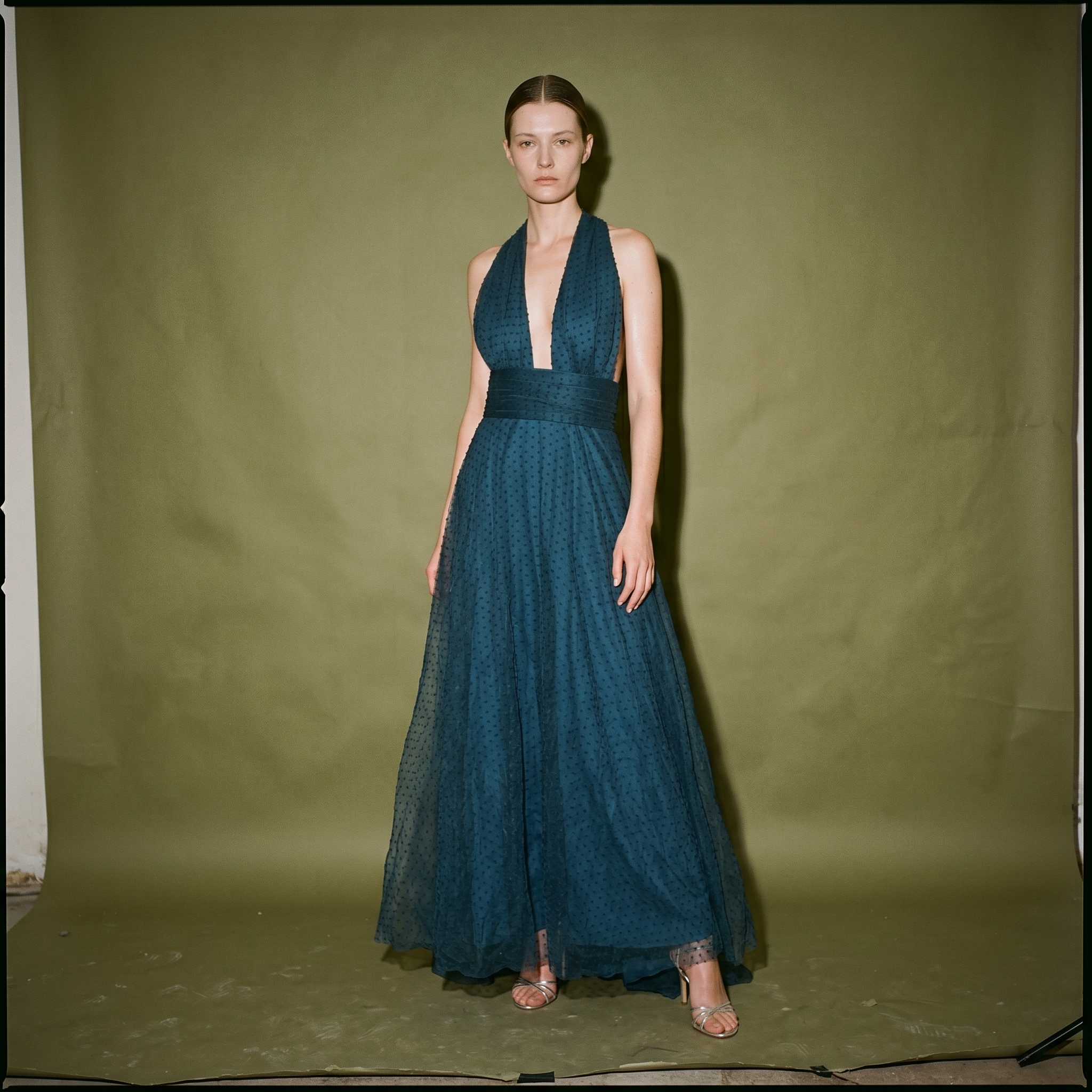Debbie Co Flowing Gown Halter Neckline Deep V Neck Fitted Zipper at the Back
