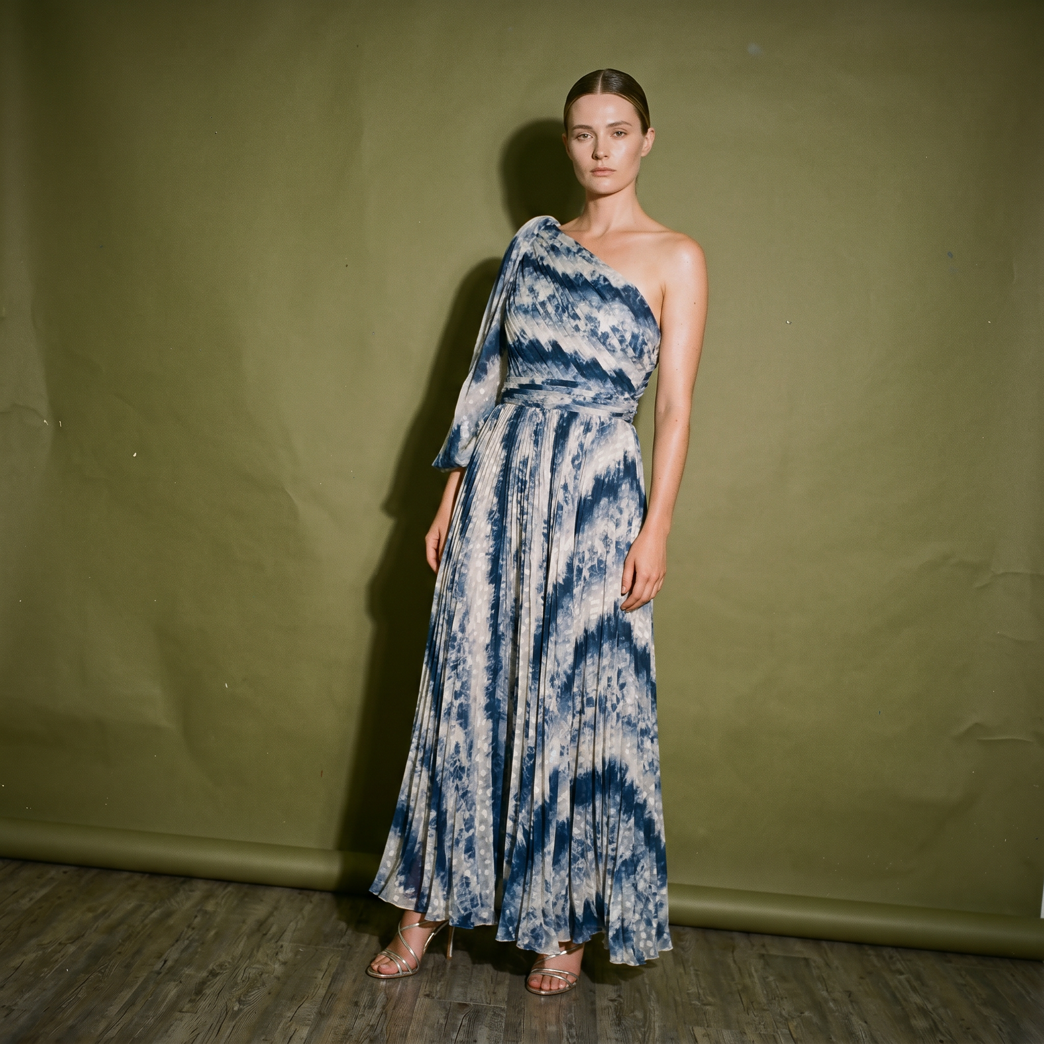 Debbie Co One Shoulder Long Dress with White and Blue Tie Dye Pattern Lightweight Pleated skirt