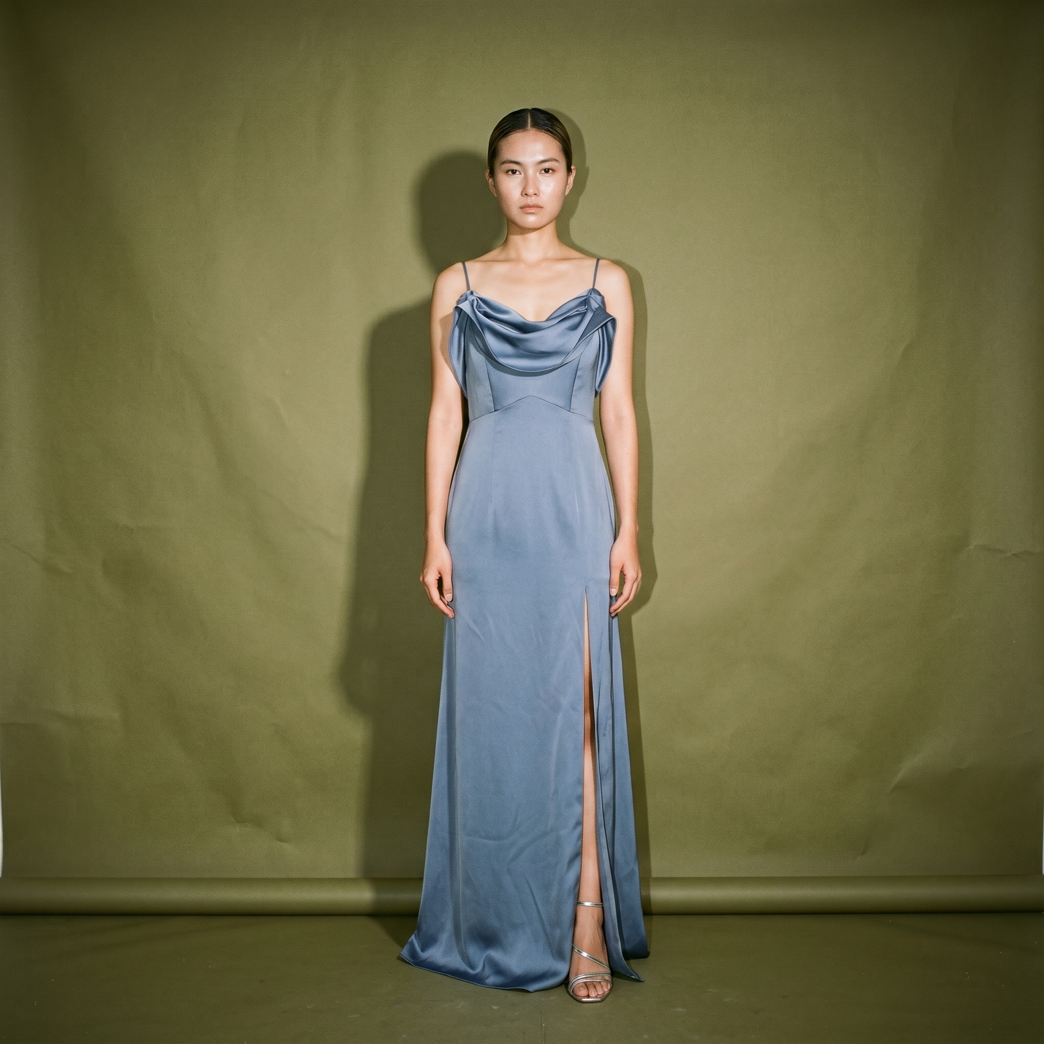 Sky Castle Dust Blue Satin Sleeveless High Slits