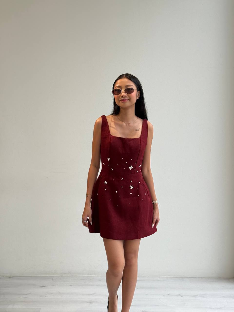 Rechic Burgundy Mini Dress Hand Place Crystal Bead Embellishment Floral Appliques