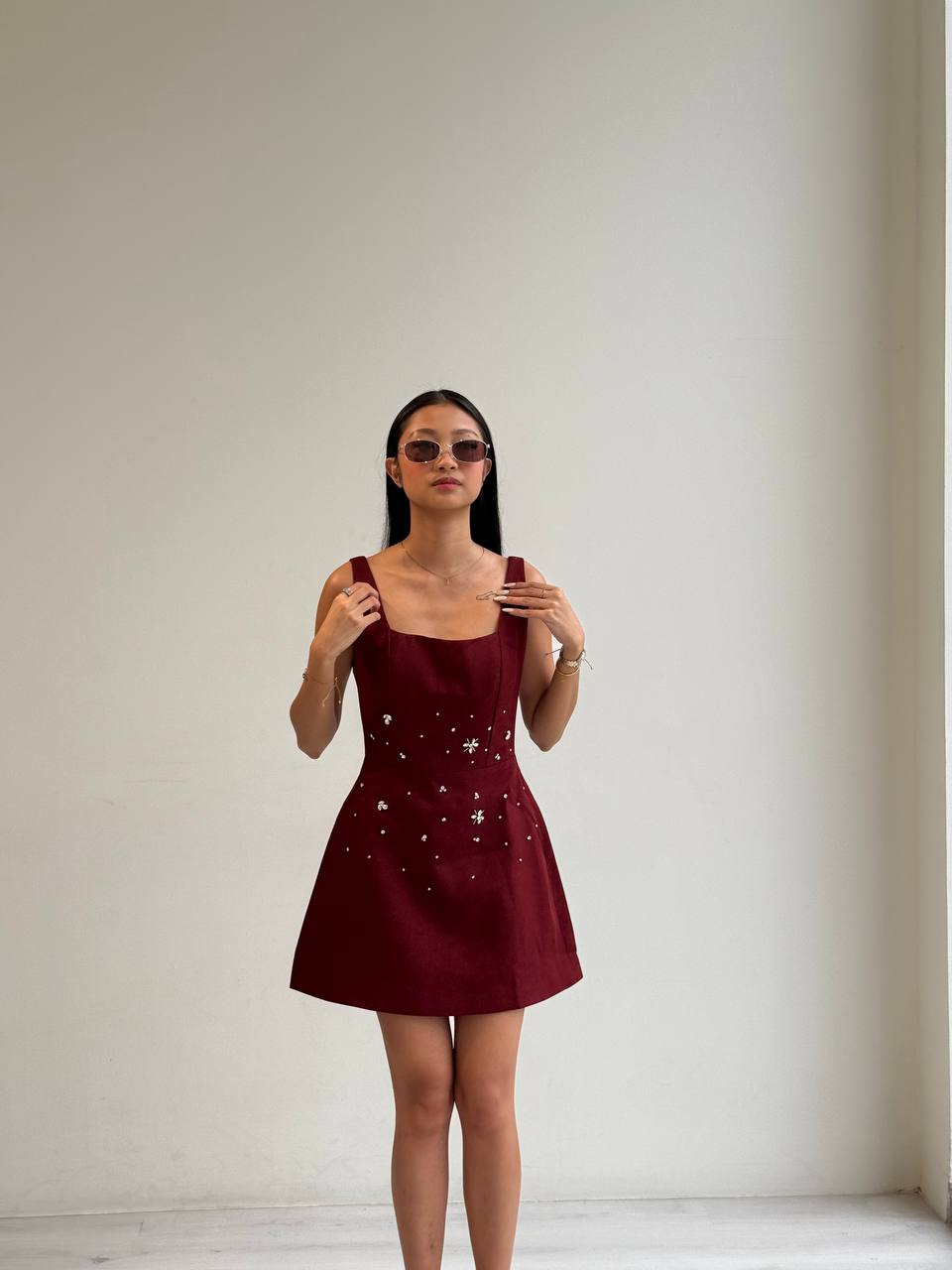Rechic Burgundy Mini Dress Hand Place Crystal Bead Embellishment Floral Appliques